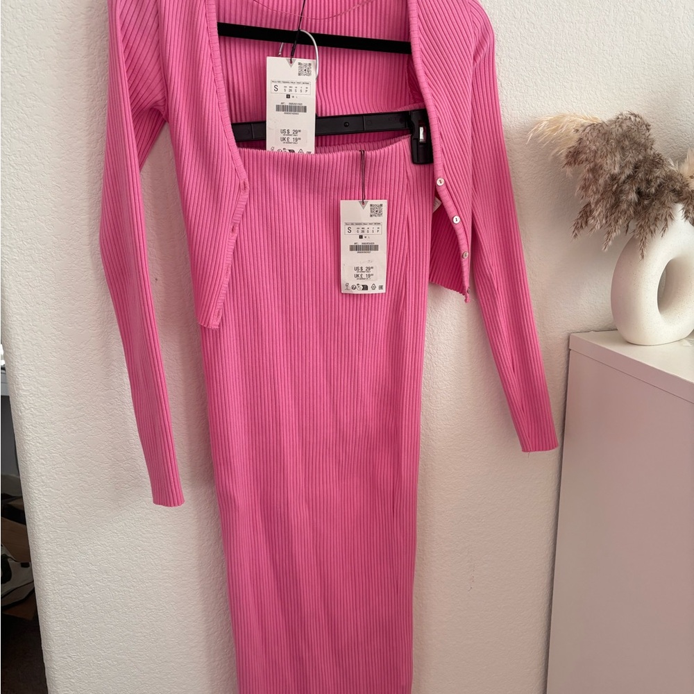 Zara Matching Set – Ribbed Cardigan & Maxi Skirt (Pink)